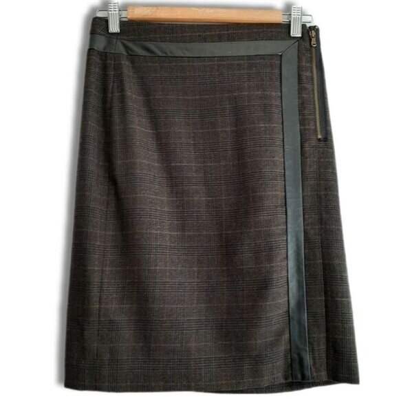 CLUB MONACO Wool Leather Blend Front Slit Knee Length Skirt Brown Plaid Sz 2 - Picture 1 of 11
